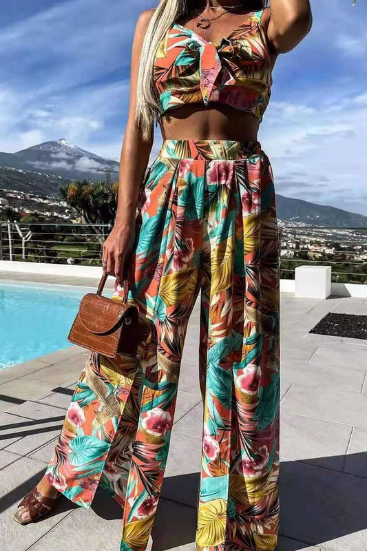 Conjunto de dos piezas con escote en V dividido y estampado informal sin mangas (3 colores)