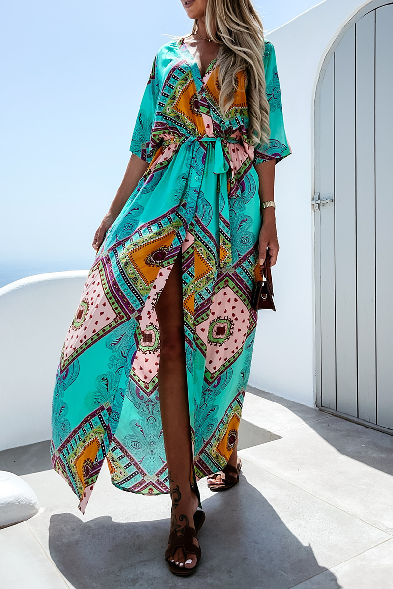 Vestido informal con cuello en V, estampado de patchwork e irregular