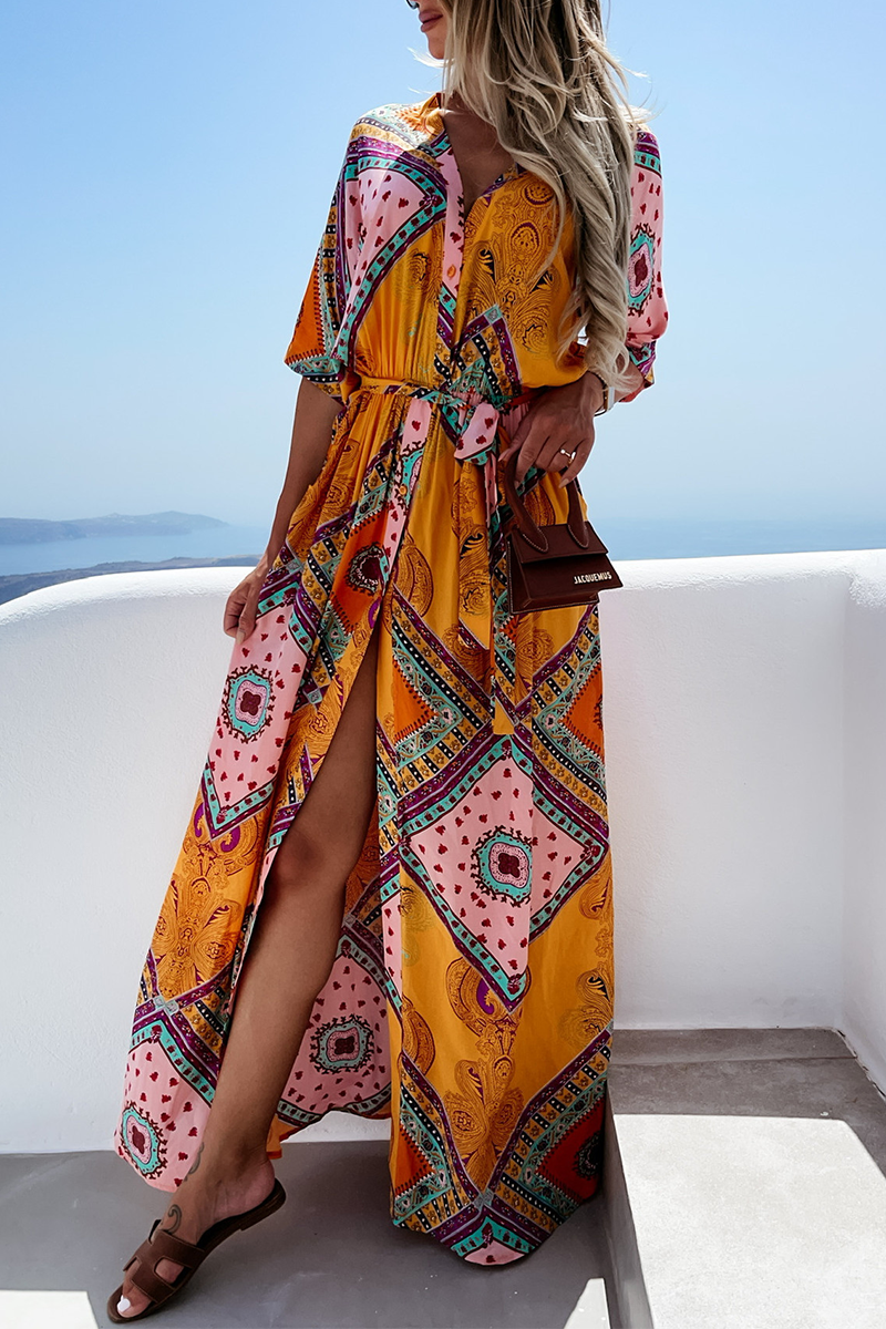 Vestido informal con cuello en V, estampado de patchwork e irregular