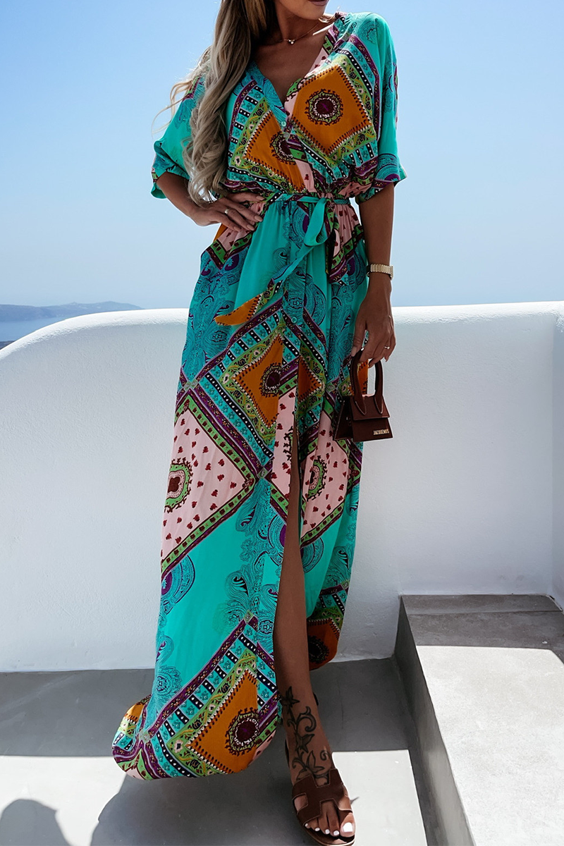 Vestido informal con cuello en V, estampado de patchwork e irregular