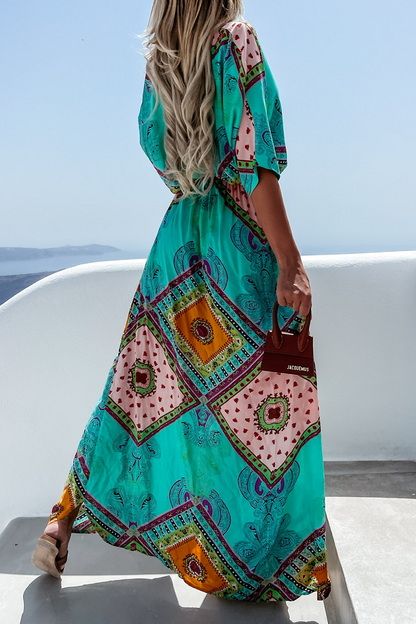 Vestido informal con cuello en V, estampado de patchwork e irregular