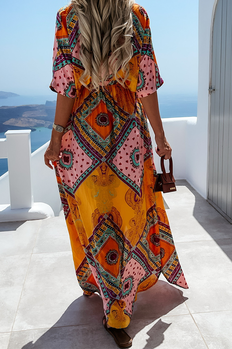 Vestido informal con cuello en V, estampado de patchwork e irregular