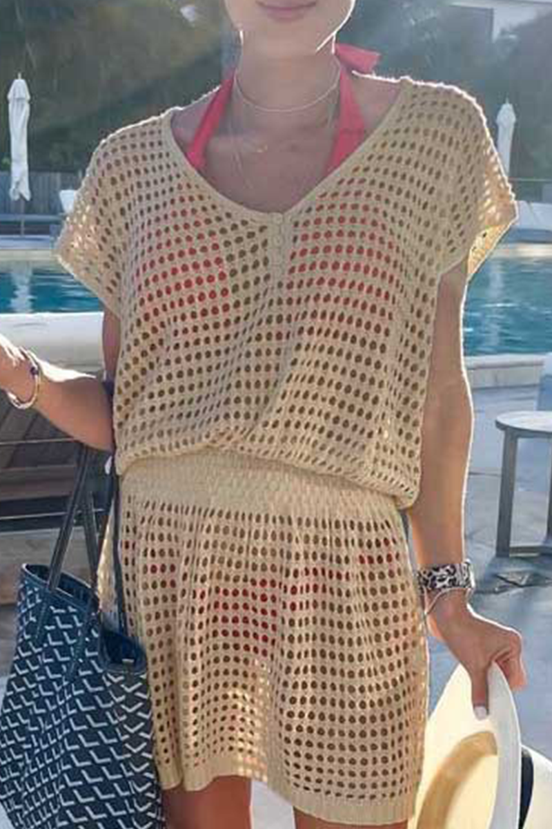 Vestidos casuales de malla sólida con escote en V y falda (5 colores)