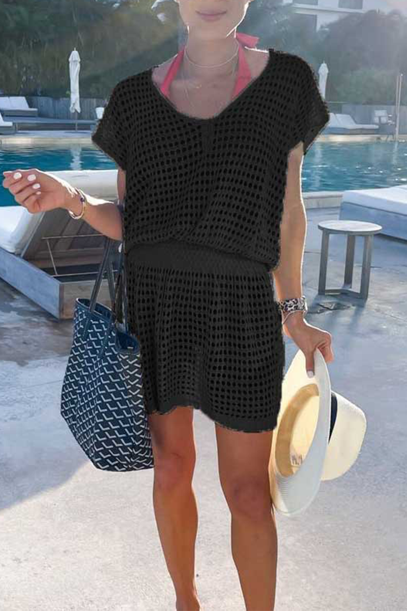 Vestidos casuales de malla sólida con escote en V y falda (5 colores)