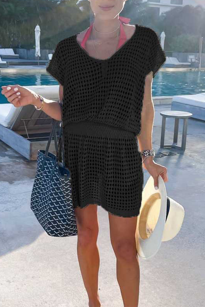 Vestidos casuales de malla sólida con escote en V y falda (5 colores)