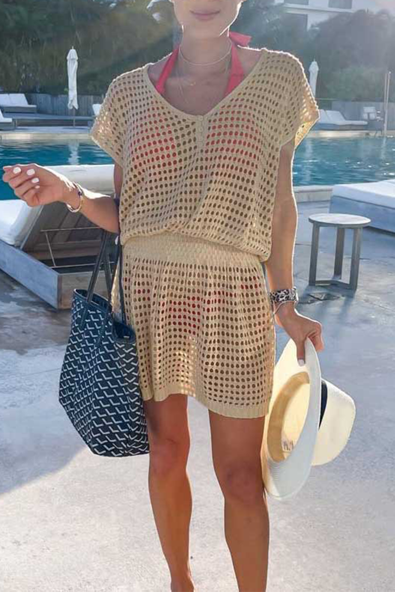 Vestidos casuales de malla sólida con escote en V y falda (5 colores)