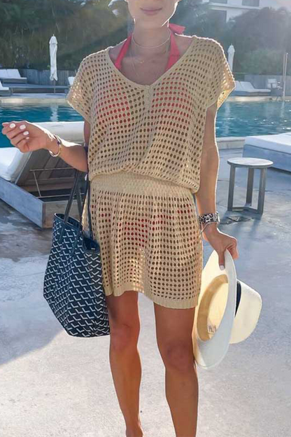 Vestidos casuales de malla sólida con escote en V y falda (5 colores)