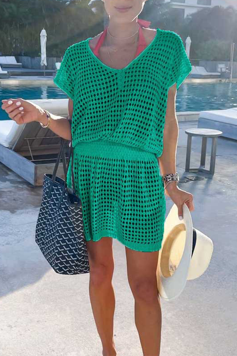 Vestidos casuales de malla sólida con escote en V y falda (5 colores)