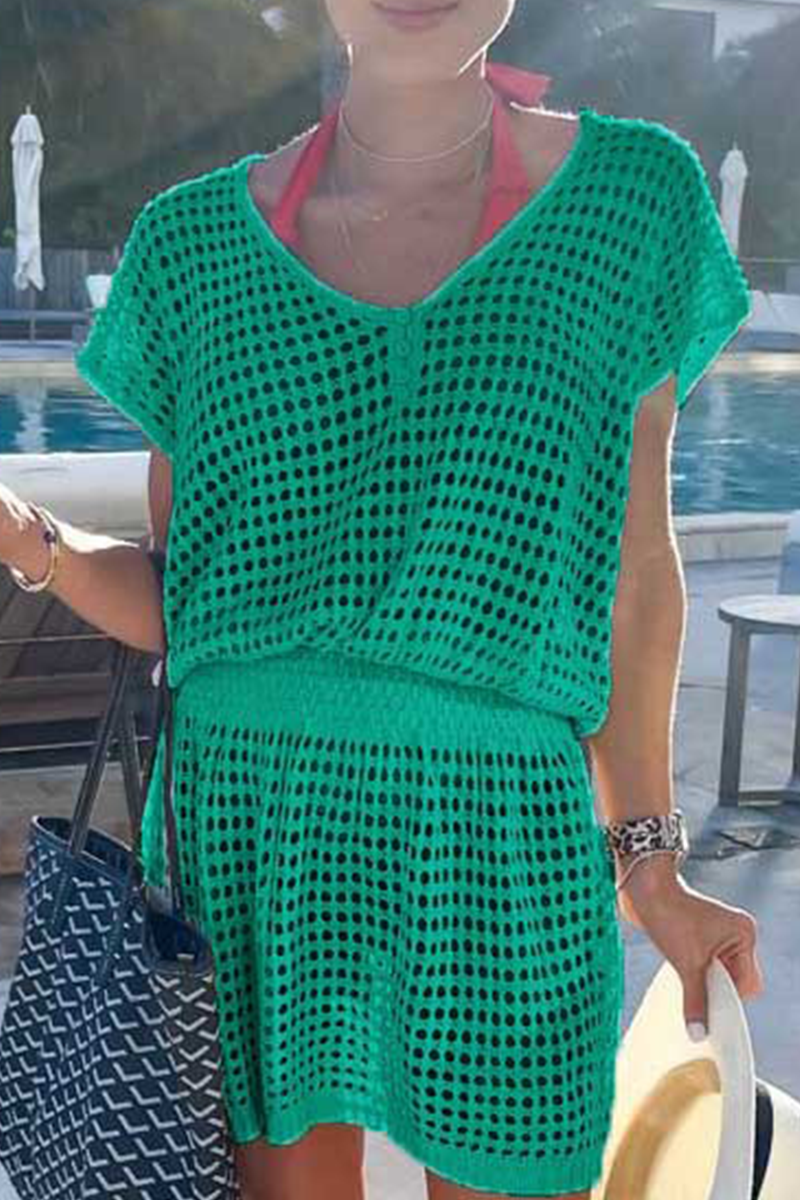 Vestidos casuales de malla sólida con escote en V y falda (5 colores)