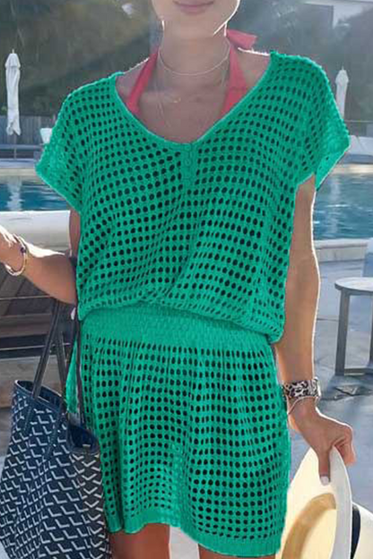 Vestidos casuales de malla sólida con escote en V y falda (5 colores)