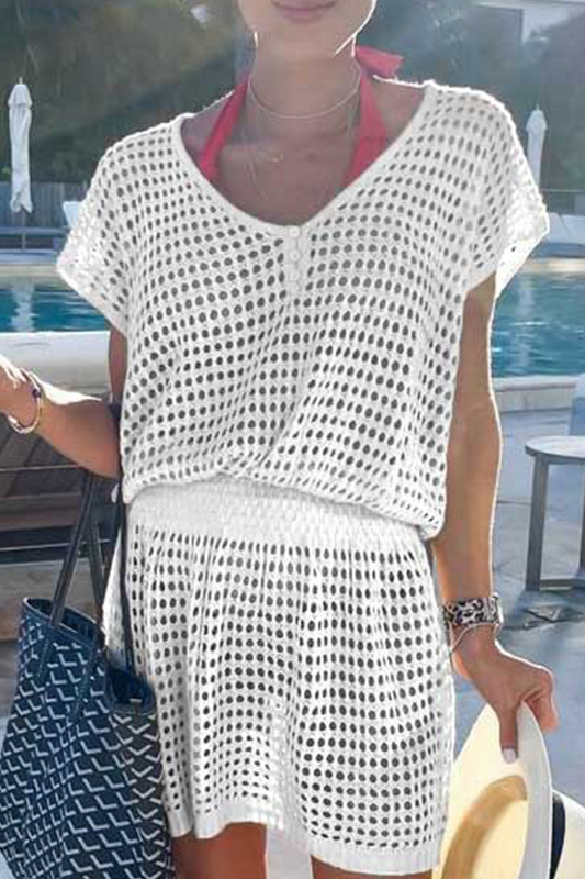 Vestidos casuales de malla sólida con escote en V y falda (5 colores)