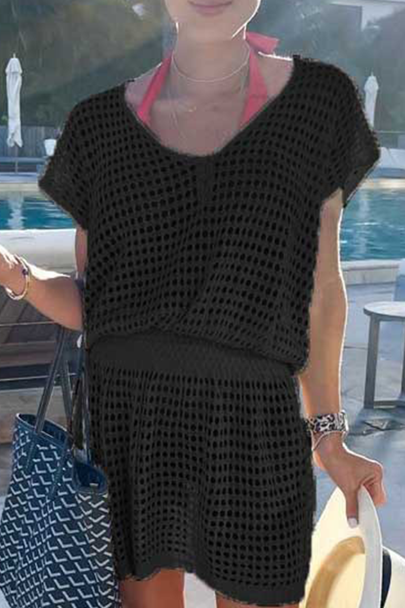 Vestidos casuales de malla sólida con escote en V y falda (5 colores)