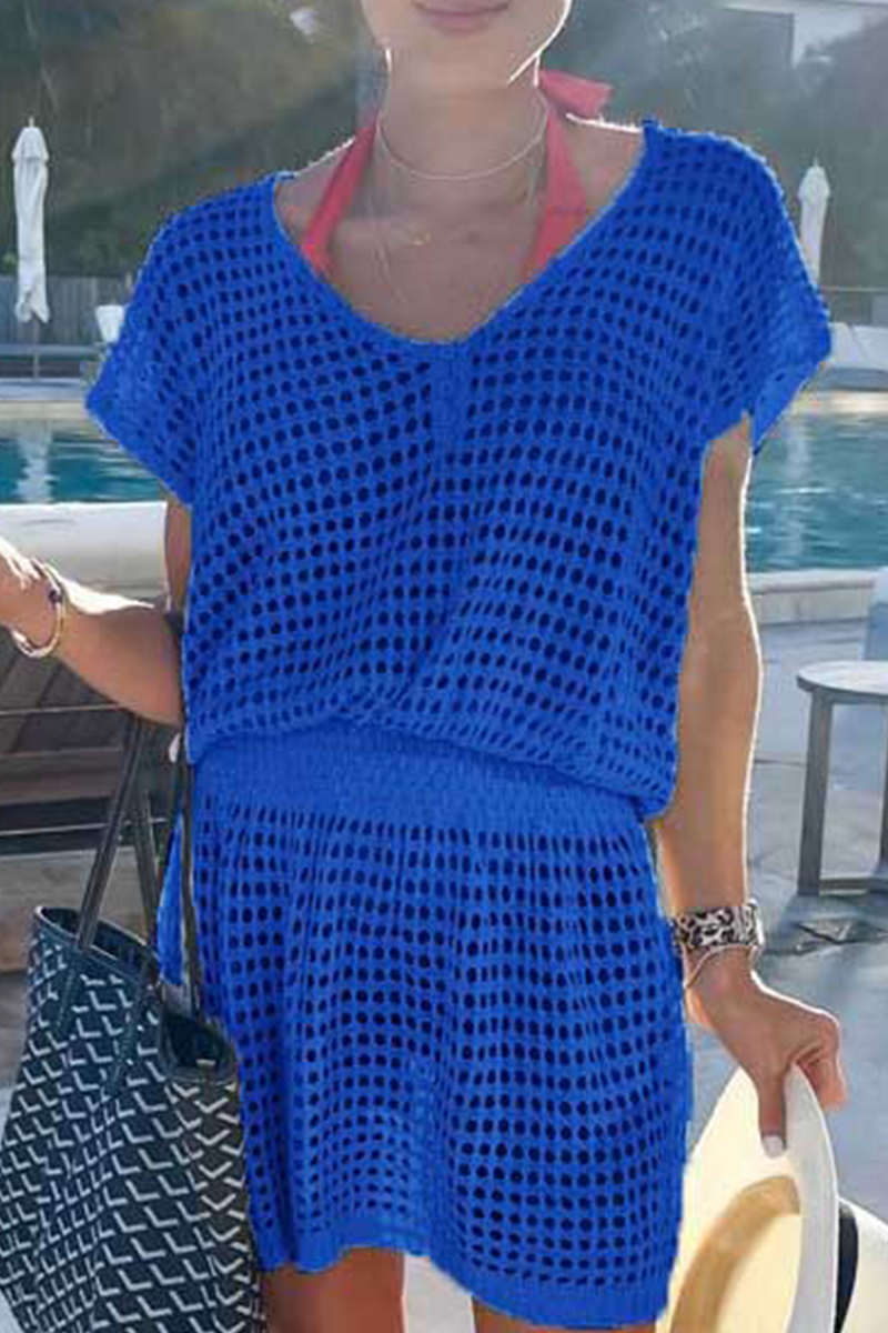 Vestidos casuales de malla sólida con escote en V y falda (5 colores)