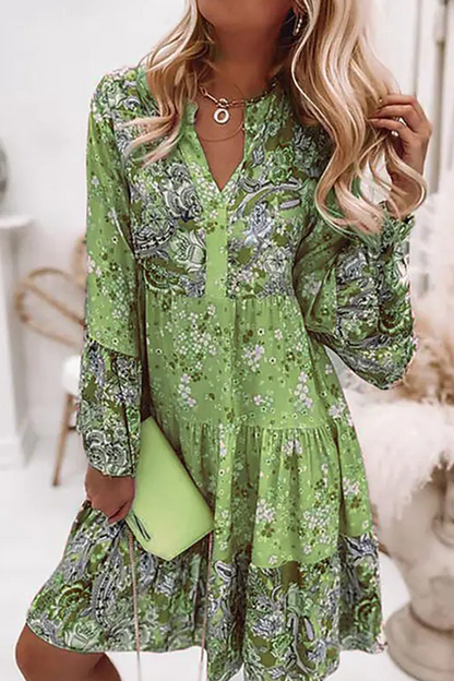 Vestidos casuales con estampado de patchwork, cuello en V y falda pastel (3 colores)