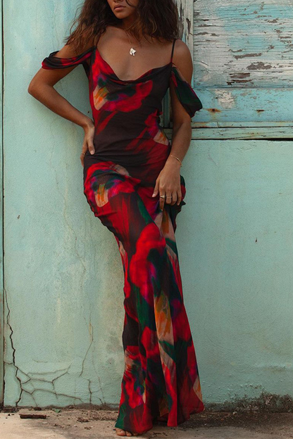 Vestidos de sirena trompeta con tirantes finos y estampado de patchwork a la moda