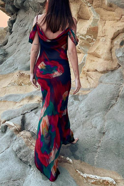 Vestidos de sirena trompeta con tirantes finos y estampado de patchwork a la moda