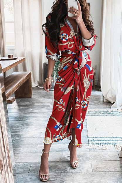 Casual Print Patchwork V Neck Waist Skirt Dresses(12 Colors)