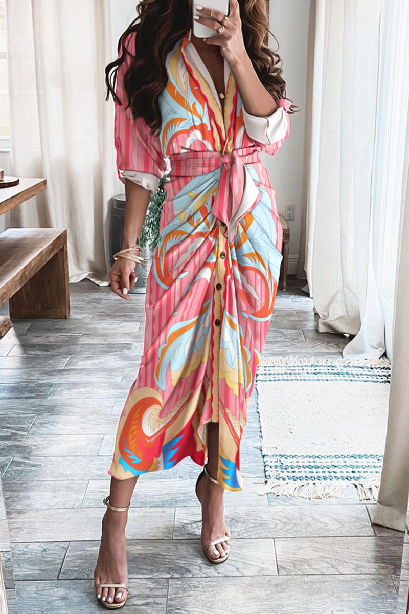 Casual Print Patchwork V Neck Waist Skirt Dresses(12 Colors)