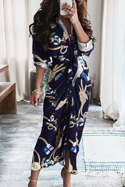 Casual Print Patchwork V Neck Waist Skirt Dresses(12 Colors)
