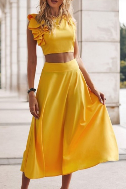 Conjunto de dos piezas sin mangas, cuello redondo, espalda descubierta y volantes (4 colores)
