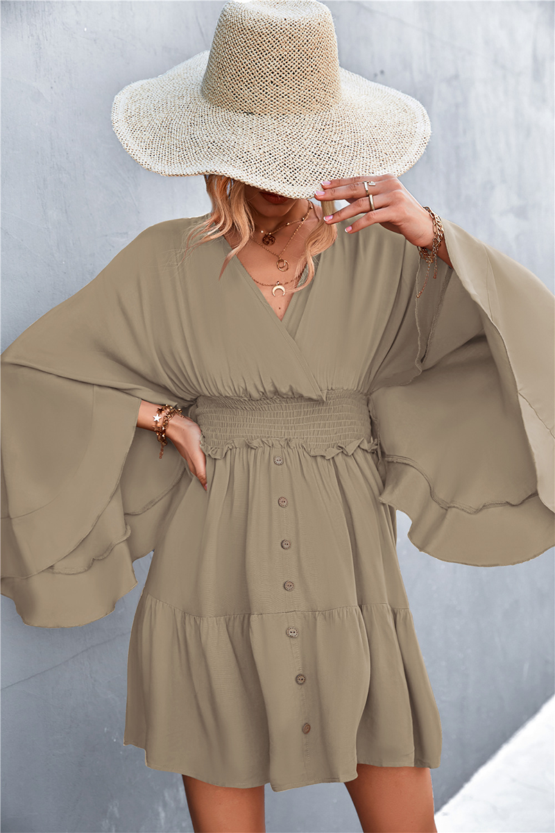 Casual Solid Patchwork V Neck Waist Skirt Dresses(3 colors)