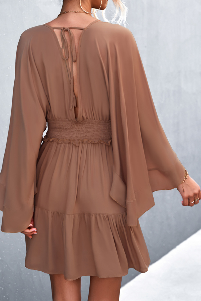 Casual Solid Patchwork V Neck Waist Skirt Dresses(3 colors)