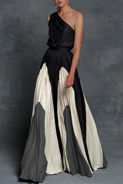Fashion Print Patchwork One Shoulder Cake Skirt Dresses(6 Colors)