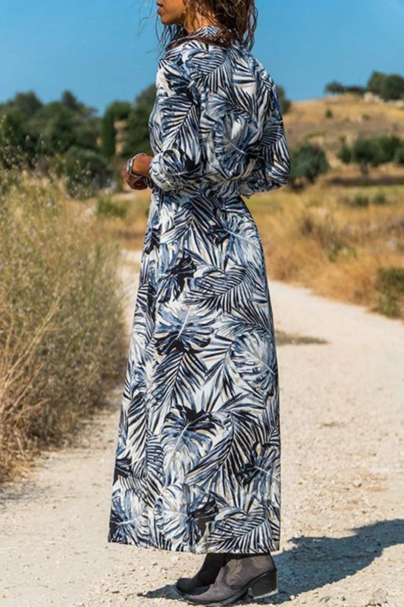 Fashion Print Buckle Turndown Collar Straight Dresses