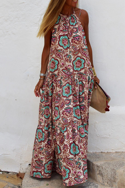 Vestidos rectos con cuello halter y abertura en la articulación con estampado de moda