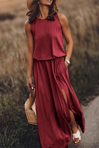 Casual Solid Slit O Neck Waist Skirt Dresses(8 Colors)