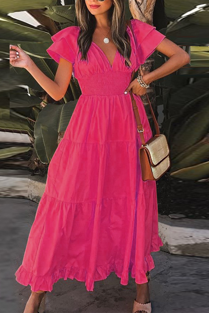 Vestidos casuales de falda con escote en V y volantes lisos (3 colores)