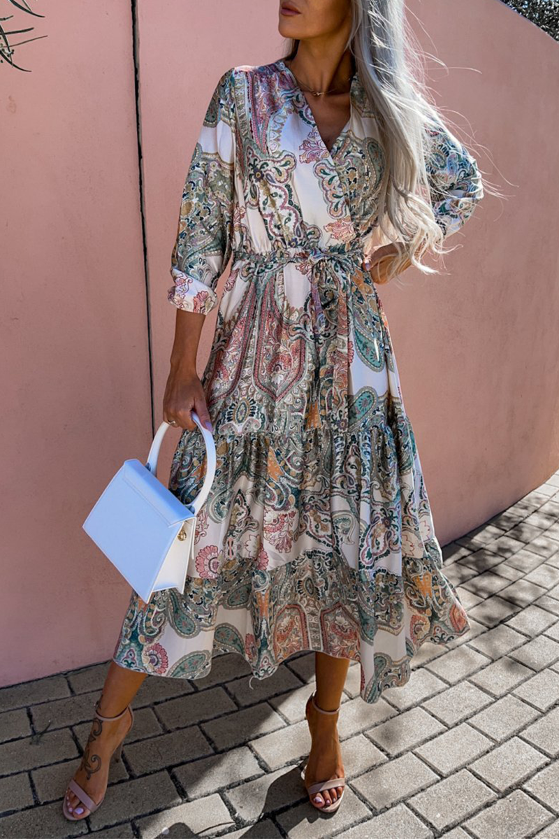 Casual Print Neck Cake Skirt Dresses(3 Colors)