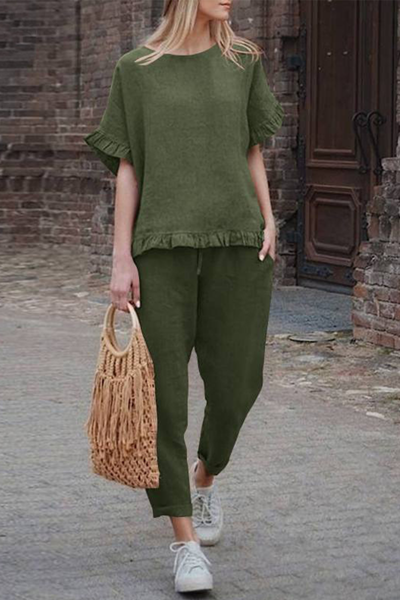 Casual Solid Flounce O Neck Short Sleeve Two Pieces(4 Colors)£©