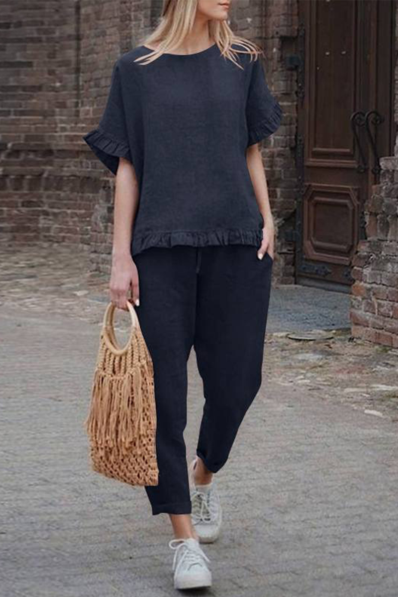 Casual Solid Flounce O Neck Short Sleeve Two Pieces(4 Colors)£©