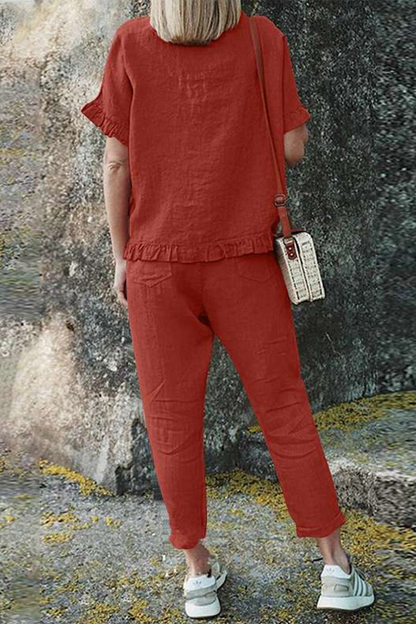Casual Solid Flounce O Neck Short Sleeve Two Pieces(4 Colors)£©