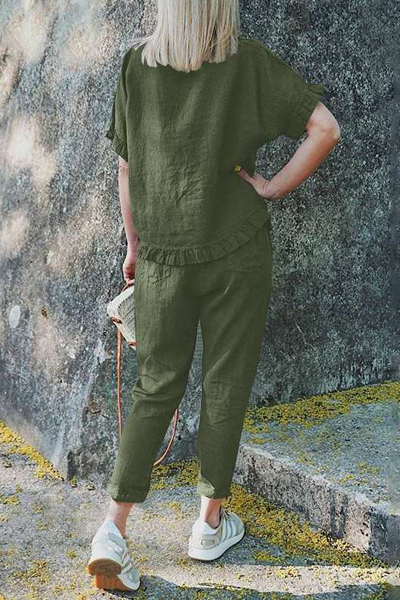 Casual Solid Flounce O Neck Short Sleeve Two Pieces(4 Colors)£©