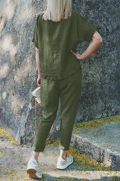 Casual Solid Flounce O Neck Short Sleeve Two Pieces(4 Colors)£©