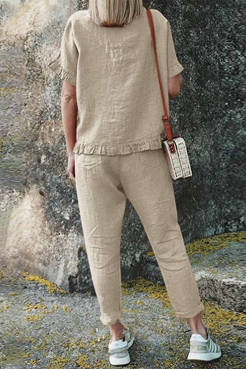 Casual Solid Flounce O Neck Short Sleeve Two Pieces(4 Colors)£©