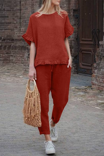 Casual Solid Flounce O Neck Short Sleeve Two Pieces(4 Colors)£©