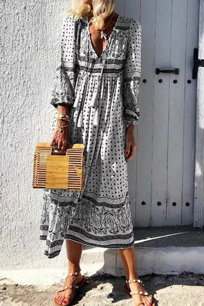 Fashion Print V Neck Cake Skirt Dresses(4 Colors)