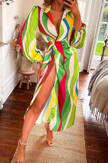 Vestido camisero con cuello vuelto y abertura en la parte delantera con estampado de moda (5 colores)