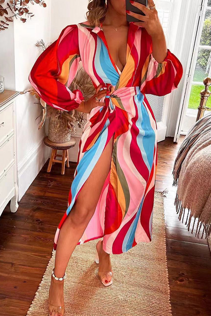 Vestido camisero con cuello vuelto y abertura en la parte delantera con estampado de moda (5 colores)