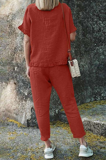 Conjunto informal de dos piezas con volantes, cuello redondo, manga corta (4 colores)