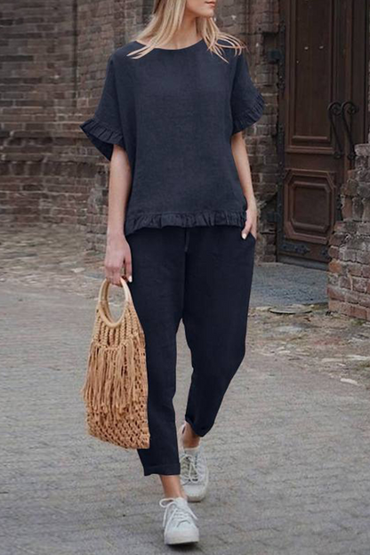 Casual Solid Flounce O Neck Short Sleeve Two Pieces(4 colors)