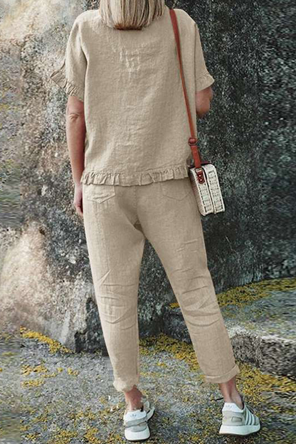 Conjunto informal de dos piezas con volantes, cuello redondo, manga corta (4 colores)