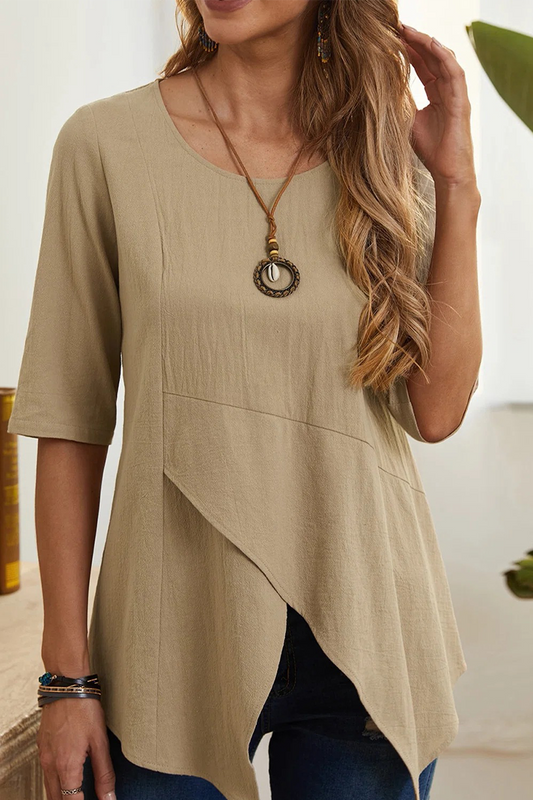 Camisetas casuales lisas con cuello redondo y abertura (6 colores)