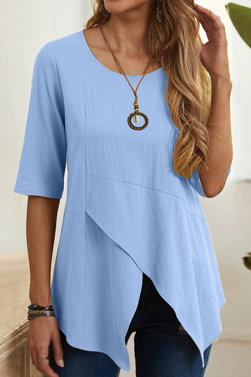 Camisetas casuales lisas con cuello redondo y abertura (6 colores)