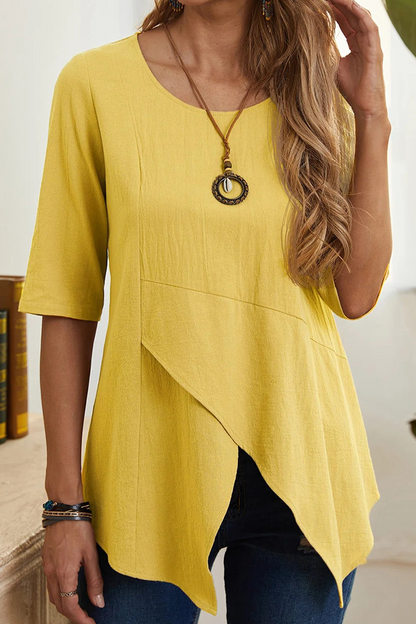 Camisetas casuales lisas con cuello redondo y abertura (6 colores)