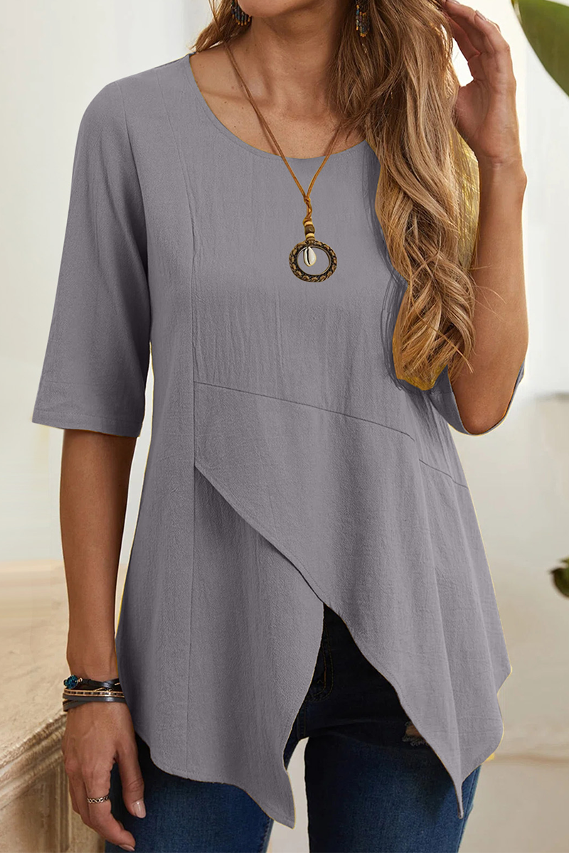 Camisetas casuales lisas con cuello redondo y abertura (6 colores)