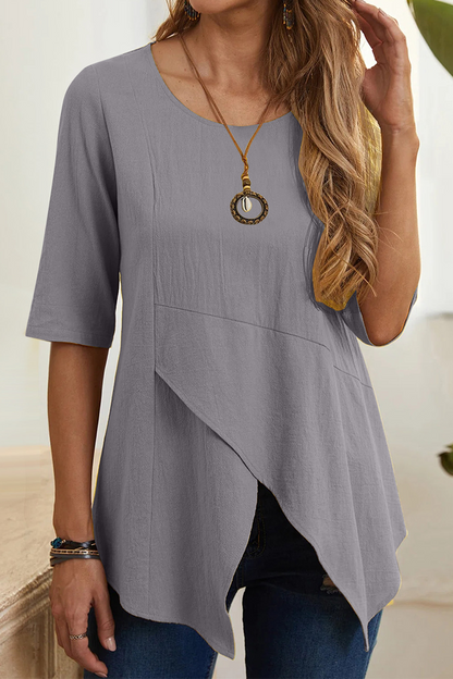 Camisetas casuales lisas con cuello redondo y abertura (6 colores)